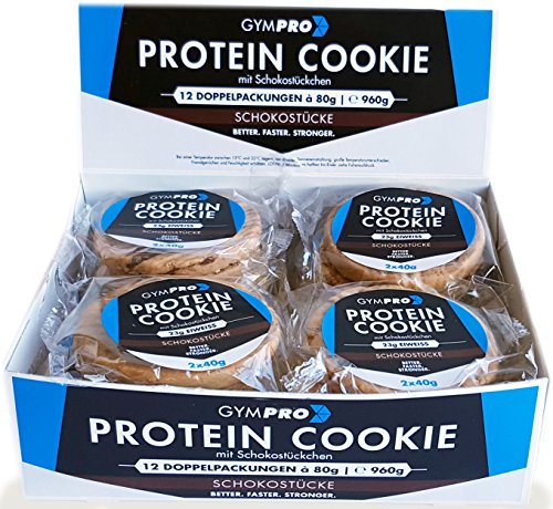 GymPro - Fitness Protein Cookies (Schokostücke, 1 Display á 12 Stück) Eiweißriegel Snack mit 28% Whey Protein und circa 44% Kohlenhydraten